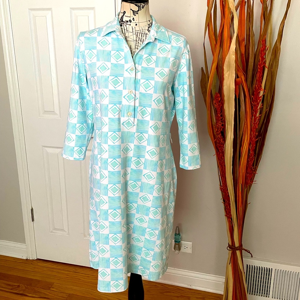 NWOT J. McLaughlin Ikat Geometric Colorful Shirt Tee Button Shift Sheath Mint L